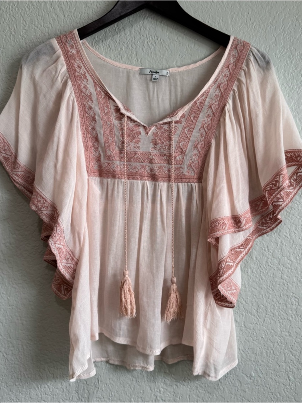 Papaya Pale Pink Embroidered Tassel Peasant Blouse